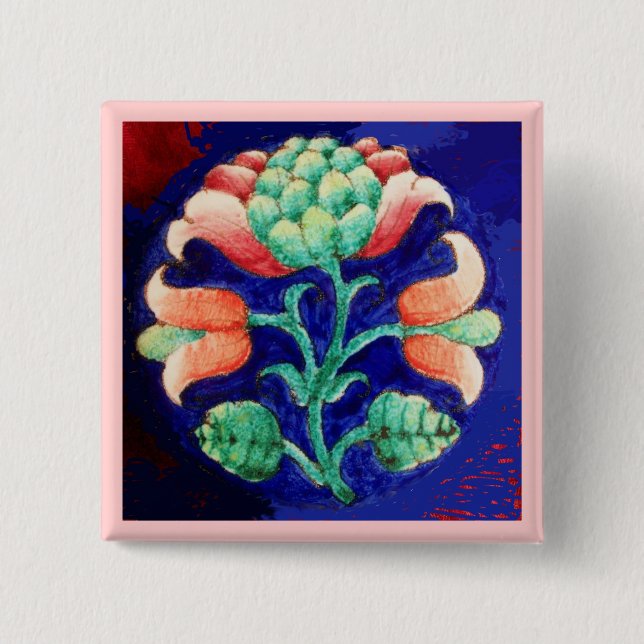 STYLIZED PINK FLOWER ,BLUE GREEN FLORAL 2 INCH SQUARE BUTTON (Front)