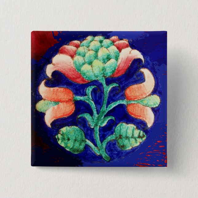STYLIZED PINK FLOWER ,BLUE GREEN FLORAL 2 INCH SQUARE BUTTON (Front)