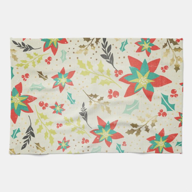 Stylized Poinsettia flowers with Leaves & Berries Kitchen Towel (Horizontal)