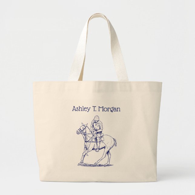Stylized Polo Player on Horse Drawing #2 Blue Large Tote Bag (Front)