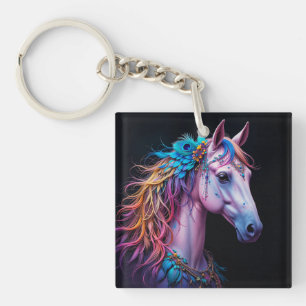 Stylized Portrait of a Horse With Flowing Mane Keychain