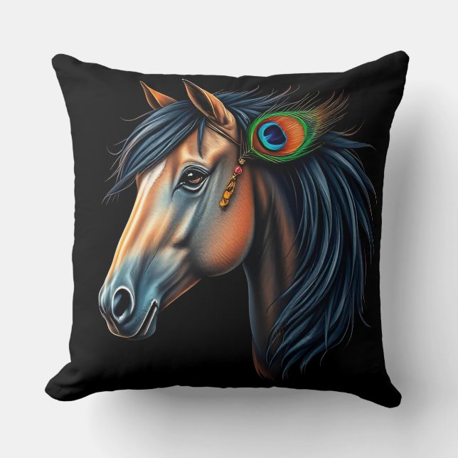 Stylized Portrait of a Horse With Flowing Mane Throw Pillow (Front)