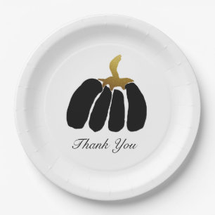 Stylized Pumpkins In Black, White and Gold Paper Plate