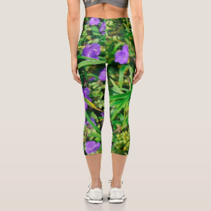 Stylized Purple Blue Flowers Floral Capri Leggings