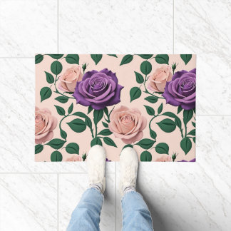 Stylized Purple Roses With Green Accents Doormat