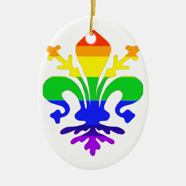 Stylized Rainbow Fleur de Lis Ceramic Ornament (Front)