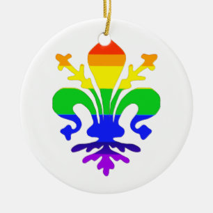 Stylized Rainbow Fleur de Lis Ceramic Ornament