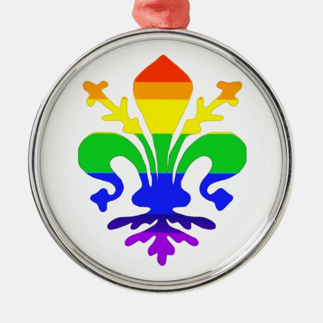Stylized Rainbow Fleur de Lis Metal Ornament (Front)