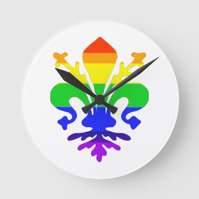 Stylized Rainbow Fleur de Lis Round Clock (Front)