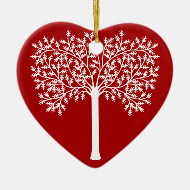 Stylized Red And White Tree Ceramic Ornament (Front)