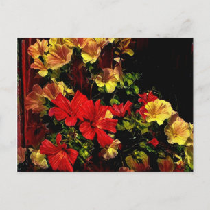 Stylized red and yellow flowers postcard
