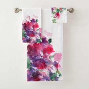 Stylized red & blue Watercolor Bouquet Painting 2 Bath Towel Set
