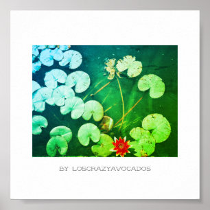 Stylized Red Green Water Lily Flower Plants Poster