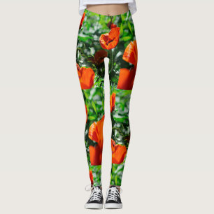Stylized Red Poppy Flowers Garden Pattern Leggings