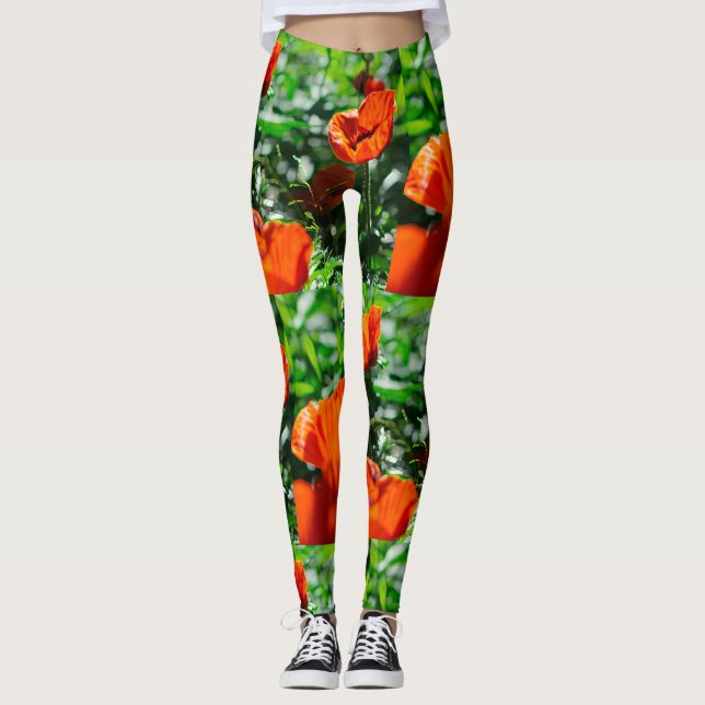 Stylized Red Poppy Flowers Garden Pattern Leggings (Front)