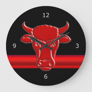 Stylized Red Taurus Head, red metallic-look stripe Large Clock