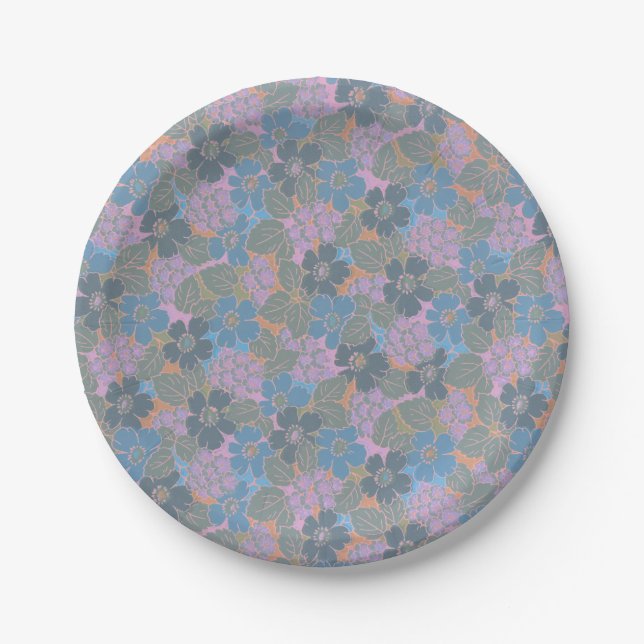 Stylized Retro Floral Pattern Paper Plate (Front)