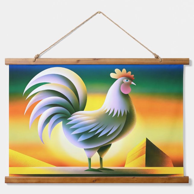 Stylized Rooster Against Vibrant Sunset Hanging Tapestry (Front)