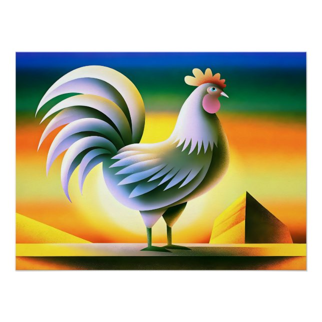Stylized Rooster Against Vibrant Sunset Poster (Front)