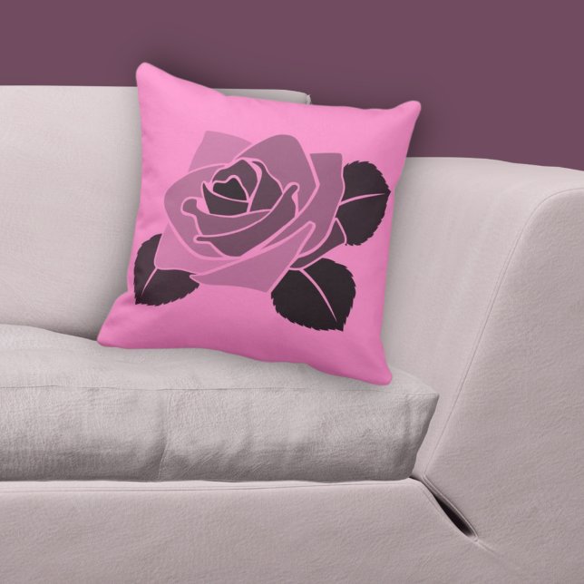 Stylized Single Rose Blossom On Pink Throw Pillow (Stylized Single Rose Blossom On Pink Throw Pillow)