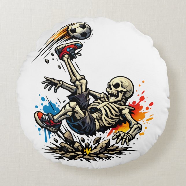 Stylized Skeleton Bicycle Kick Soccer Mug | Funny  Round Pillow (Front)