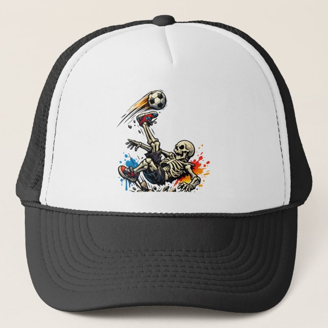 Stylized Skeleton Bicycle Kick Soccer Mug | Funny  Trucker Hat (Front)