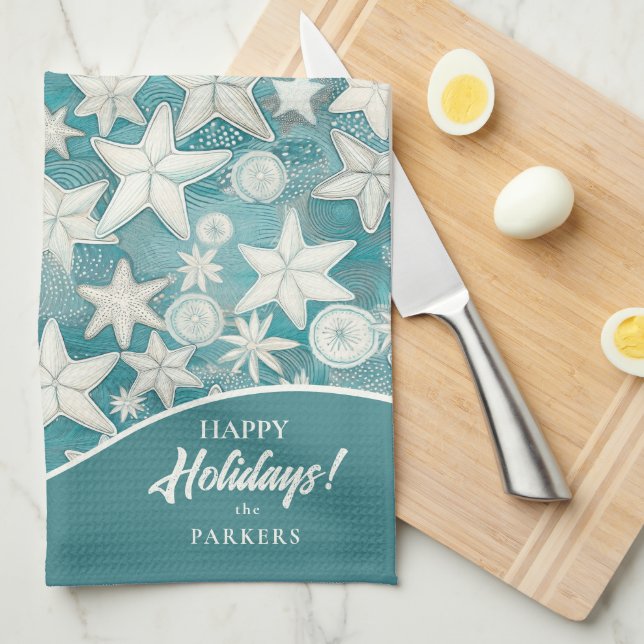 Stylized Starfish & Sand Dollars Pattern#25 ID1009 Kitchen Towel (Quarter Fold)