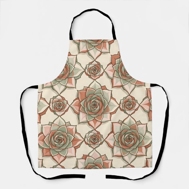 Stylized Succulent Rose Pattern Pink Sage Apron (Front)