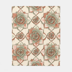 Stylized Succulent Rose Pattern Pink Sage Fleece Blanket