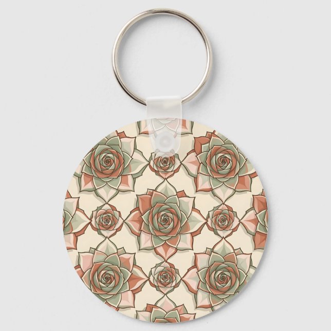 Stylized Succulent Rose Pattern Pink Sage Keychain (Front)