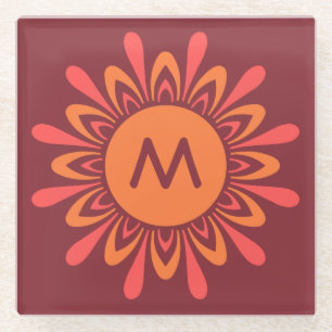 Stylized Sun custom monogram glass coaster