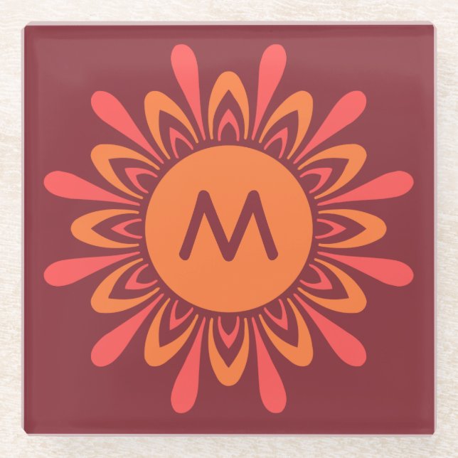Stylized Sun custom monogram glass coaster (Front)