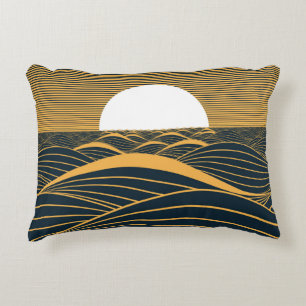 Stylized sun-moon, dark sea illustration. accent pillow