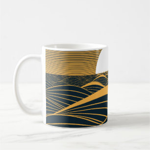 Stylized sun-moon, dark sea illustration. coffee mug