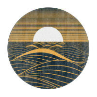 Stylized sun-moon, dark sea illustration.