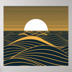 Stylized sun-moon, dark sea illustration. poster