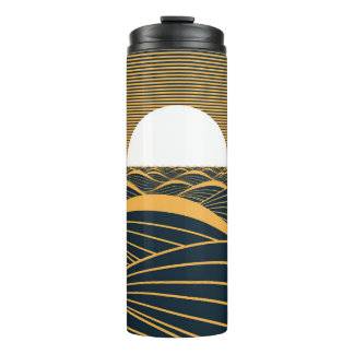 Stylized sun-moon, dark sea illustration. thermal tumbler