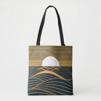 Stylized sun-moon, dark sea illustration. tote bag