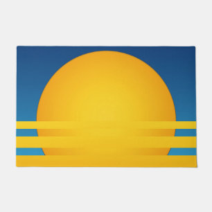 Stylized sunrise, yellow, blue sky, stripes doormat