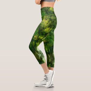 Stylized Super Green Tree Water Reflections Capri Leggings