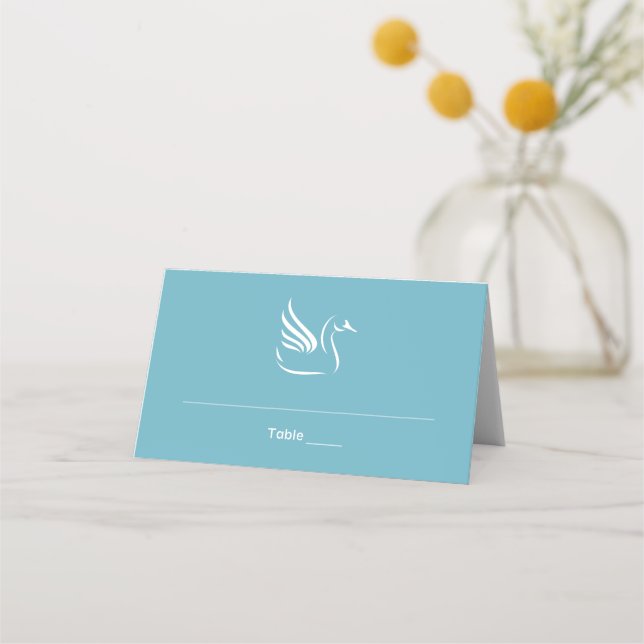 Stylized Swan On Blue Wedding Place Card (Front)