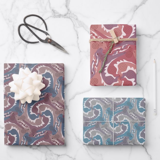Stylized Swirling Hares Tesselation 3 colours WPS3 Wrapping Paper Sheet (Front)