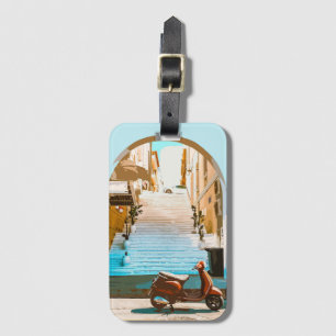 Stylized Teal Mediterranean Coastal Town Archway Luggage Tag