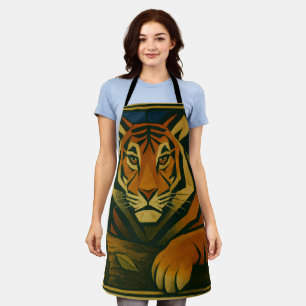 Stylized Tiger in Ornamental Sunburst Frame Apron