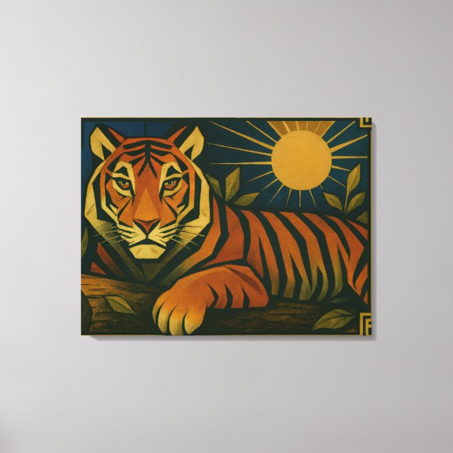 Stylized Tiger in Ornamental Sunburst Frame Canvas Print (Front)