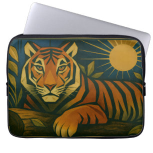 Stylized Tiger in Ornamental Sunburst Frame Laptop Sleeve