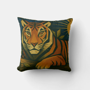 Stylized Tiger in Ornamental Sunburst Frame Throw Pillow