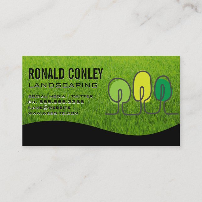 Stylized Tree Logo | Grass | Landscaping Business Card (Front)