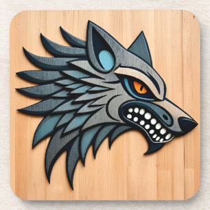 Stylized Tribal Wolf Art With Orange Eyes Coaster