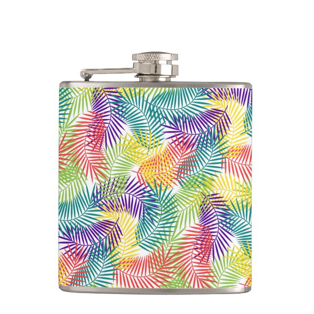 Stylized Tropical Palm Leafs Colourful Pattern Hip Flask (Front)
